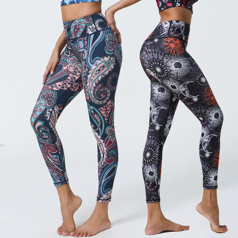 Nimara Ritual Flowers Feathers Sun Moon Print Sports Fitness Yoga High Waist Leggings Women's Pants