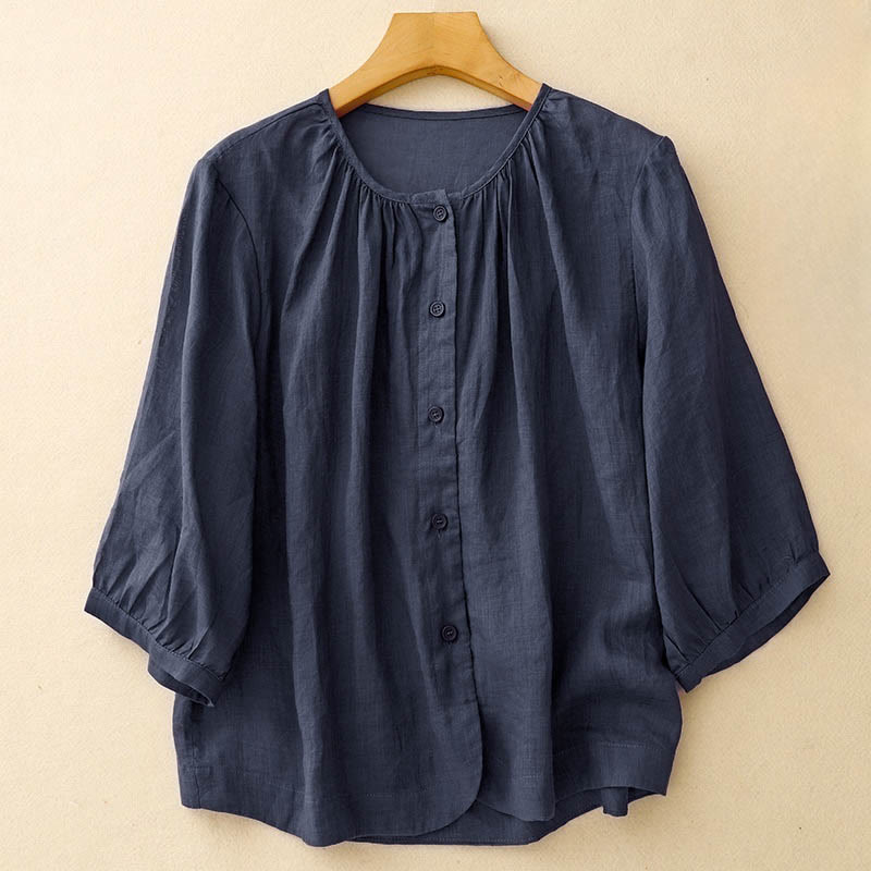 Nimara Ritual Plain Button Crew Neck Design Women's Blend Three Quarter Sleeve Shirt