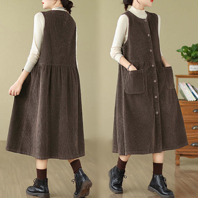 Nimara Ritual Fall Retro Buttons Design Corduroy Sleeveless Midi Dress With Pockets