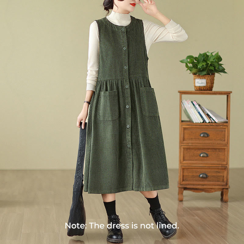Nimara Ritual Fall Retro Buttons Design Corduroy Sleeveless Midi Dress With Pockets