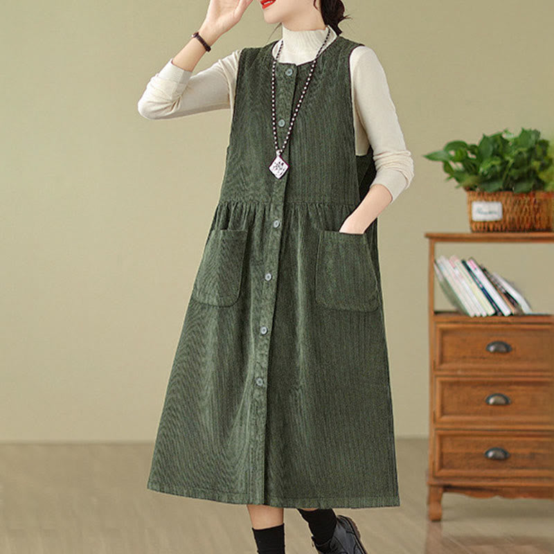 Nimara Ritual Fall Retro Buttons Design Corduroy Sleeveless Midi Dress With Pockets