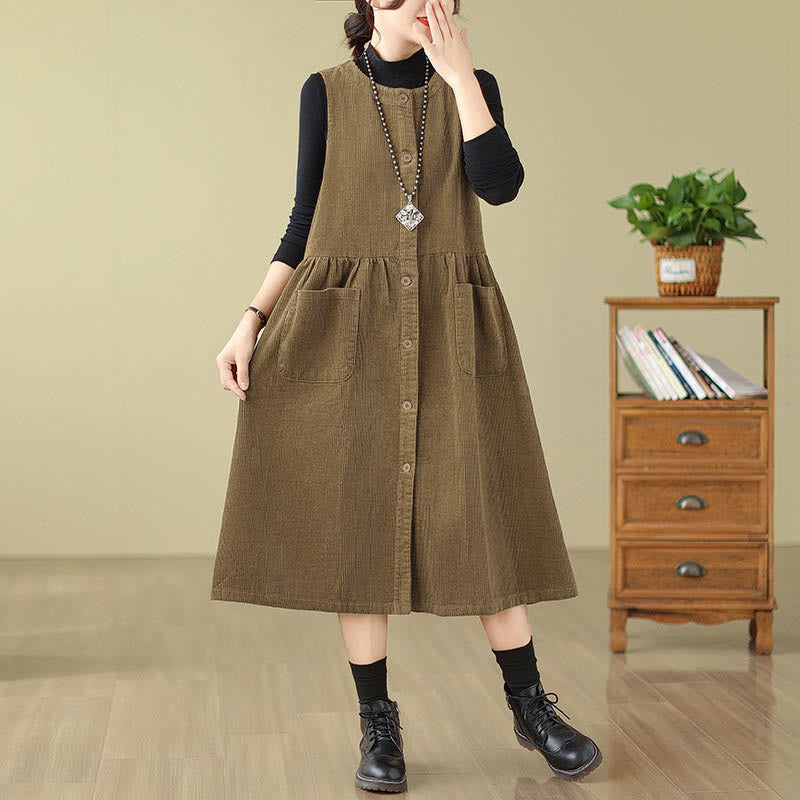 Nimara Ritual Fall Retro Buttons Design Corduroy Sleeveless Midi Dress With Pockets