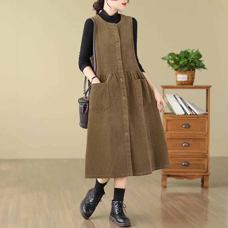 Nimara Ritual Fall Retro Buttons Design Corduroy Sleeveless Midi Dress With Pockets