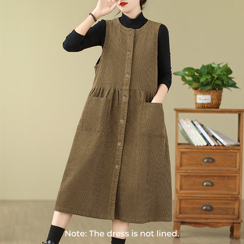 Nimara Ritual Fall Retro Buttons Design Corduroy Sleeveless Midi Dress With Pockets