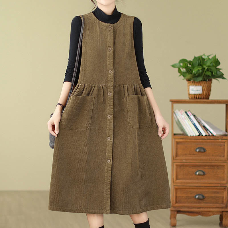 Nimara Ritual Fall Retro Buttons Design Corduroy Sleeveless Midi Dress With Pockets