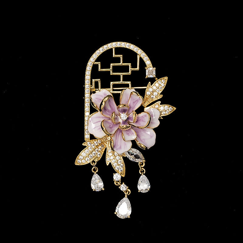 Nimara Ritual Chinese-style Window Purple Peony Flower Tassel Copper Brooch