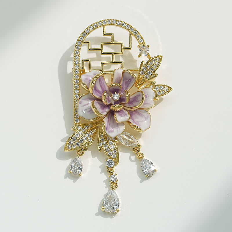 Nimara Ritual Chinese-style Window Purple Peony Flower Tassel Copper Brooch