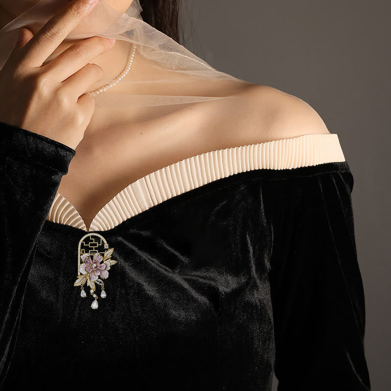 Nimara Ritual Chinese-style Window Purple Peony Flower Tassel Copper Brooch