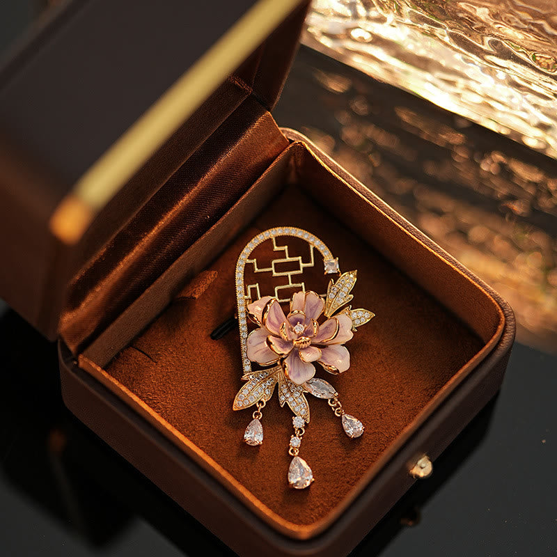 Nimara Ritual Chinese-style Window Purple Peony Flower Tassel Copper Brooch