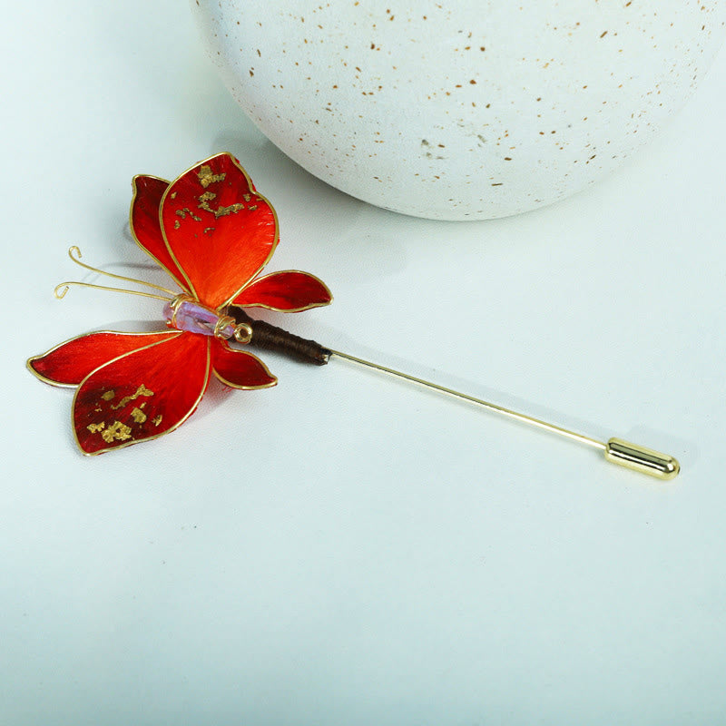 Nimara Ritual Handcrafted Silk Art Velvet Flower Red Butterfly Brooch