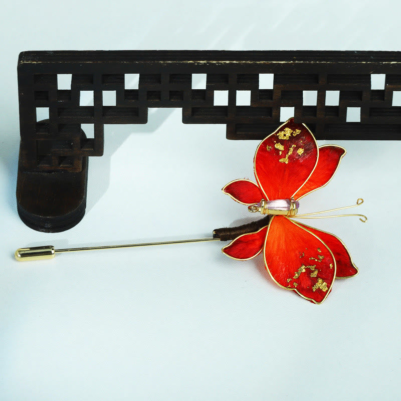 Nimara Ritual Handcrafted Silk Art Velvet Flower Red Butterfly Brooch