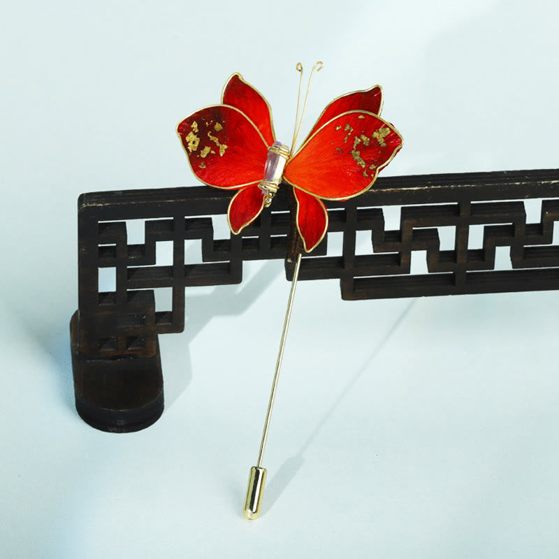Nimara Ritual Handcrafted Silk Art Velvet Flower Red Butterfly Brooch
