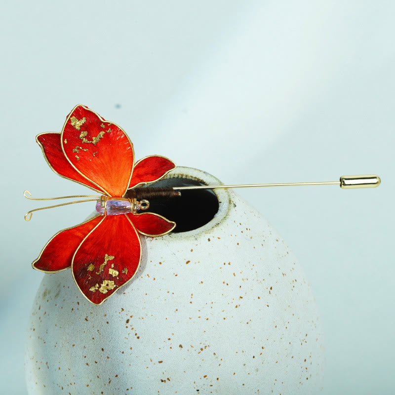 Nimara Ritual Handcrafted Silk Art Velvet Flower Red Butterfly Brooch