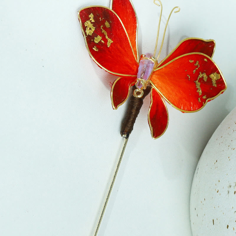 Nimara Ritual Handcrafted Silk Art Velvet Flower Red Butterfly Brooch