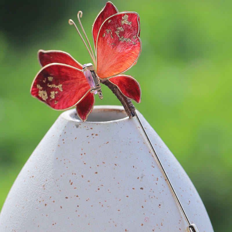 Nimara Ritual Handcrafted Silk Art Velvet Flower Red Butterfly Brooch