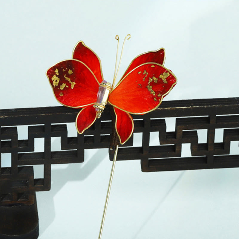 Nimara Ritual Handcrafted Silk Art Velvet Flower Red Butterfly Brooch