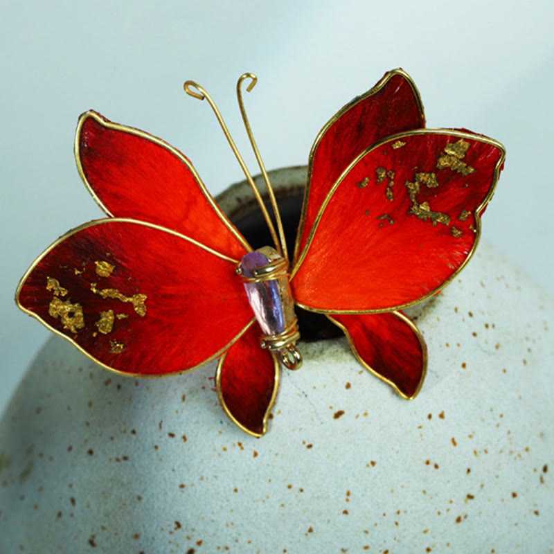 Nimara Ritual Handcrafted Silk Art Velvet Flower Red Butterfly Brooch