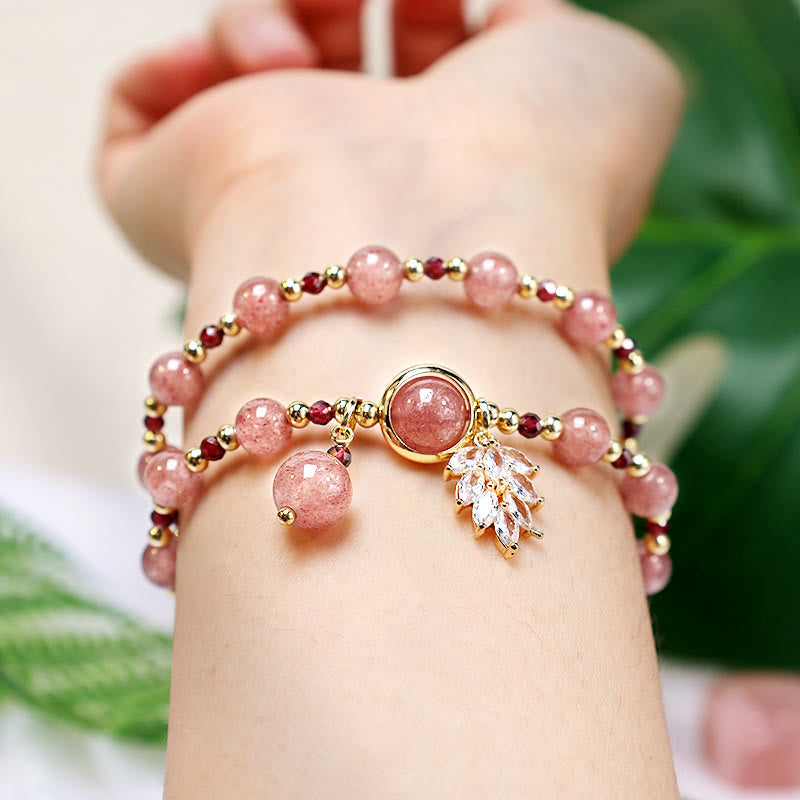Nimara Ritual Natural Strawberry Quartz Love Healing Maple Leaf Charm Double Wrap Bracelet