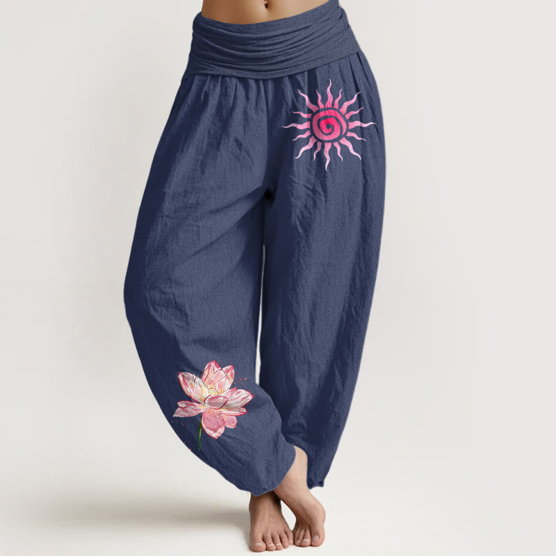Nimara Ritual Cotton Lotus Flower Sun Pattern Women's Elastic Waist Harem Pants