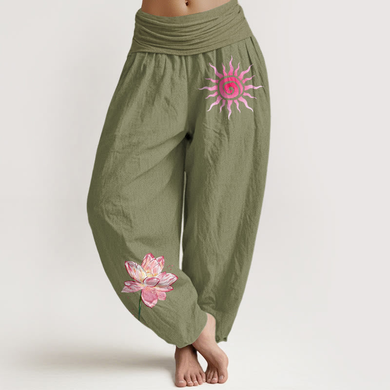 Nimara Ritual Cotton Lotus Flower Sun Pattern Women's Elastic Waist Harem Pants