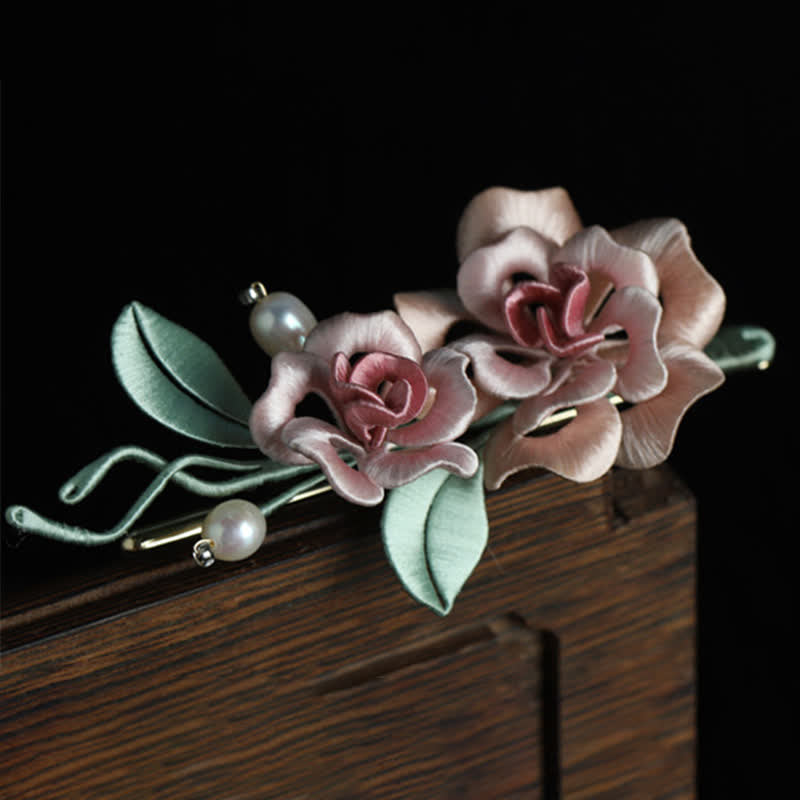 Nimara Ritual Handcrafted Silk Art Twin Rose Flower Blessing Harmony Brooch