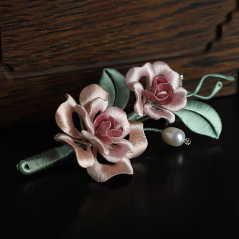 Nimara Ritual Handcrafted Silk Art Twin Rose Flower Blessing Harmony Brooch