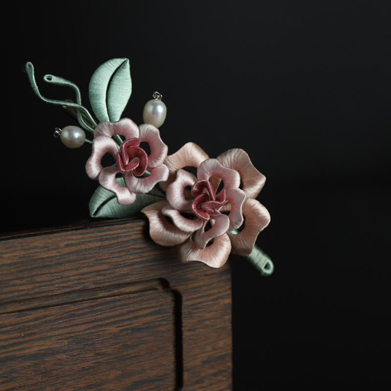 Nimara Ritual Handcrafted Silk Art Twin Rose Flower Blessing Harmony Brooch