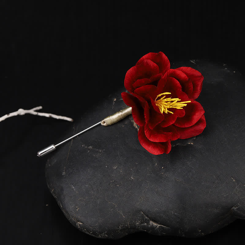 Nimara Ritual Cultural Heritage Handcrafted Silk Art Red Camellia Blessing Sincerity Brooch