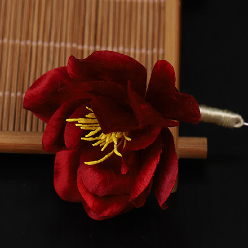 Nimara Ritual Cultural Heritage Handcrafted Silk Art Red Camellia Blessing Sincerity Brooch