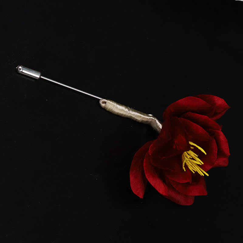 Nimara Ritual Cultural Heritage Handcrafted Silk Art Red Camellia Blessing Sincerity Brooch
