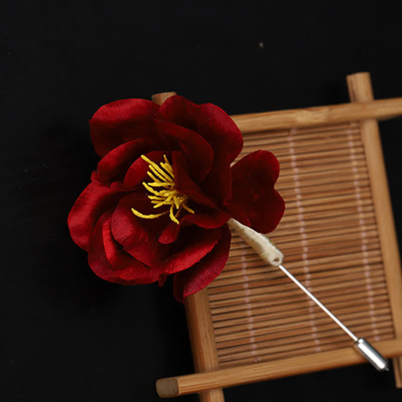 Nimara Ritual Cultural Heritage Handcrafted Silk Art Red Camellia Blessing Sincerity Brooch