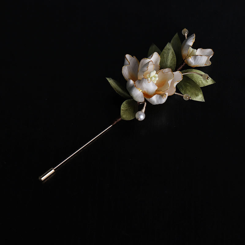Nimara Ritual Handcrafted Silk Art Golden Peony Flower Good Fortune Brooch