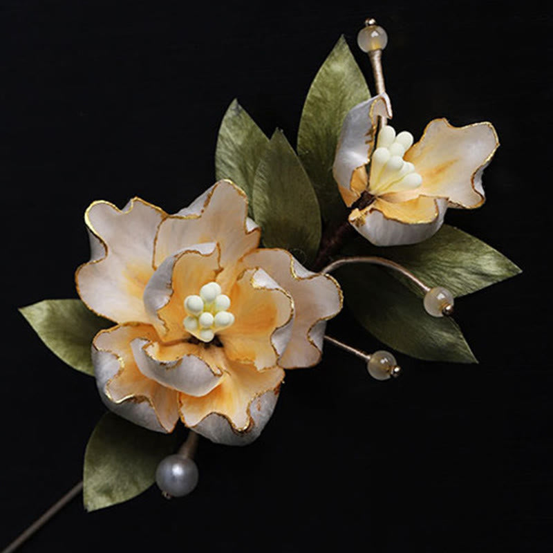 Nimara Ritual Handcrafted Silk Art Golden Peony Flower Good Fortune Brooch