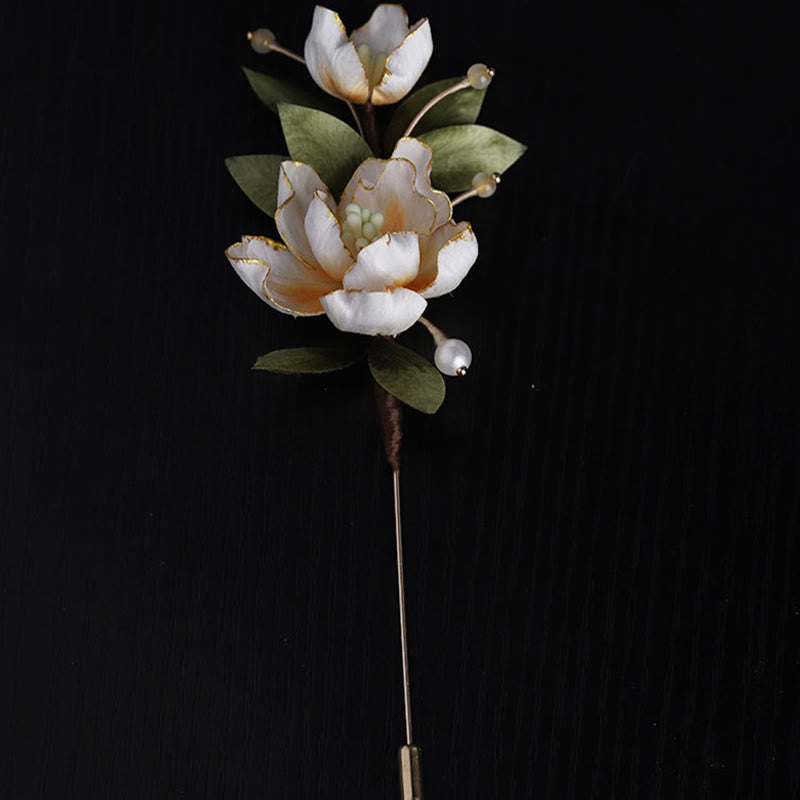 Nimara Ritual Handcrafted Silk Art Golden Peony Flower Good Fortune Brooch