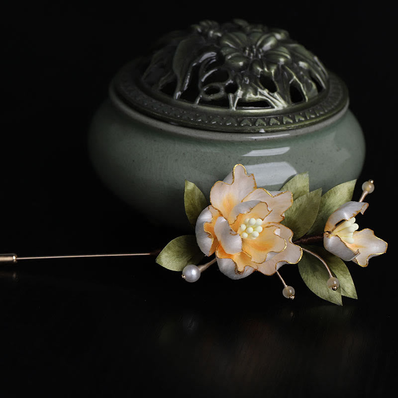 Nimara Ritual Handcrafted Silk Art Golden Peony Flower Good Fortune Brooch