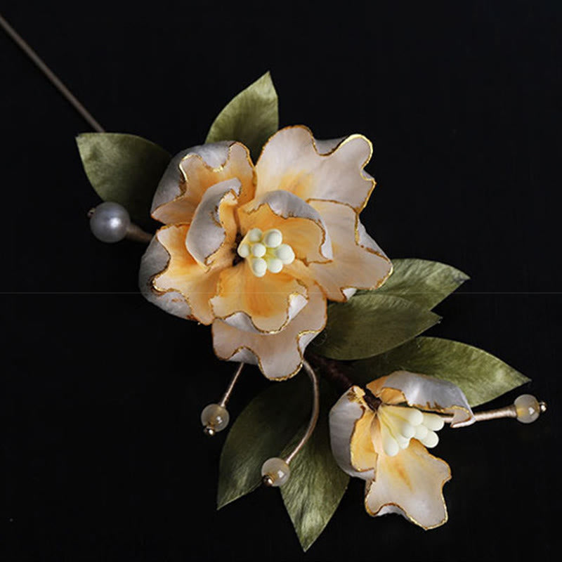 Nimara Ritual Handcrafted Silk Art Golden Peony Flower Good Fortune Brooch