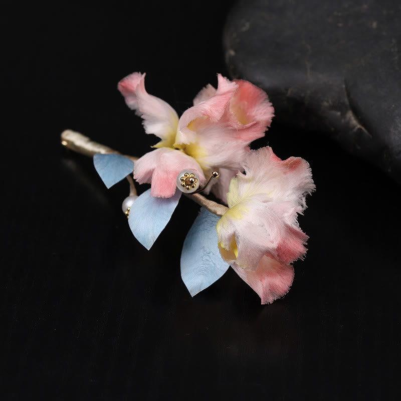 Nimara Ritual Handcrafted Silk Art Pink Iris Flower Protection Brooch