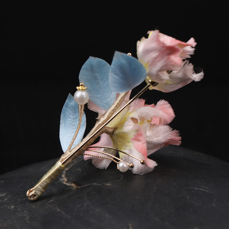 Nimara Ritual Handcrafted Silk Art Pink Iris Flower Protection Brooch