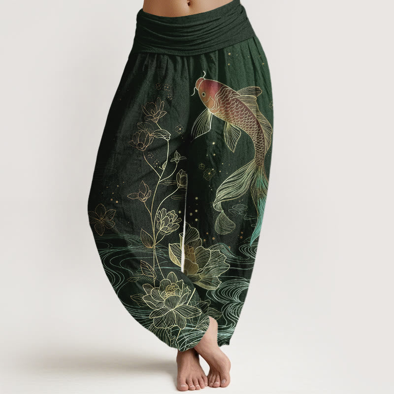 Nimara Ritual Lotus Koi Fish Pattern Women's Elastic Waist Pure Cotton Harem Pants