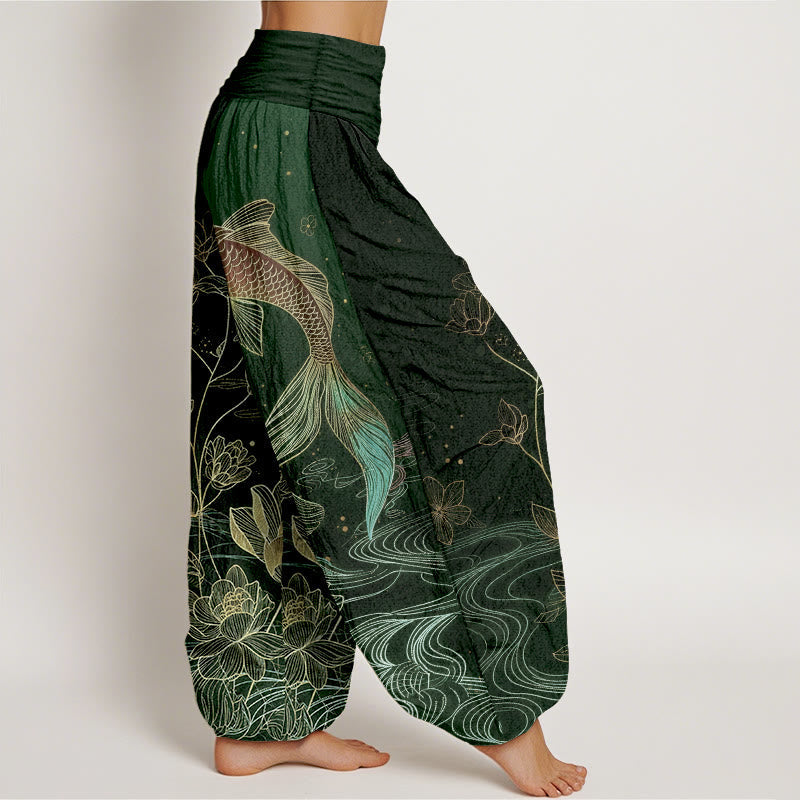 Nimara Ritual Lotus Koi Fish Pattern Women's Elastic Waist Pure Cotton Harem Pants