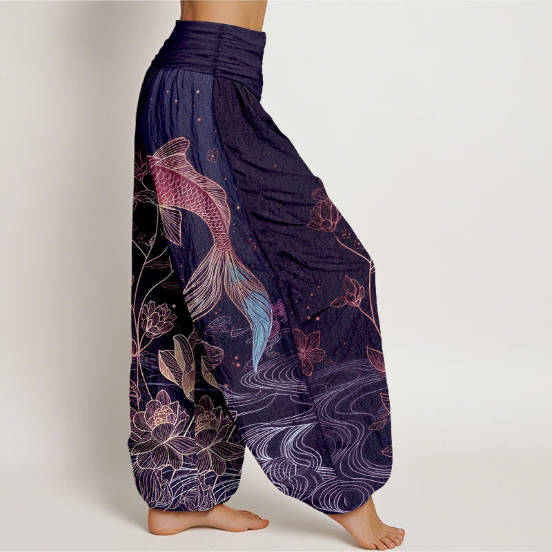 Nimara Ritual Lotus Koi Fish Pattern Women's Elastic Waist Pure Cotton Harem Pants
