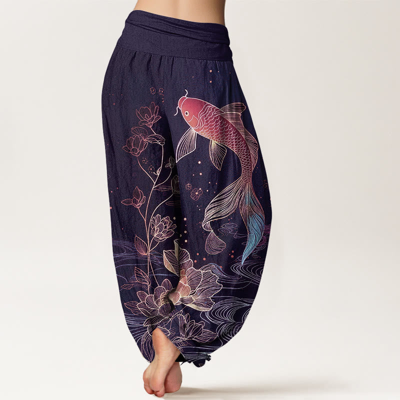 Nimara Ritual Lotus Koi Fish Pattern Women's Elastic Waist Pure Cotton Harem Pants
