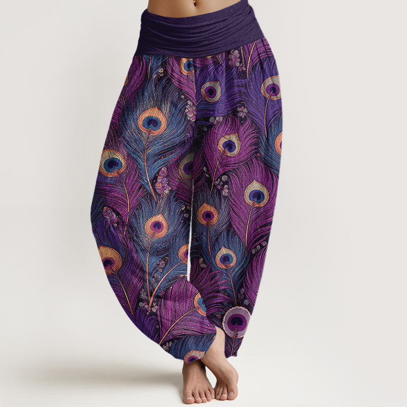 Nimara Ritual Peacock Feathers Pattern Pure Cotton Women's Elastic Waist Harem Pants