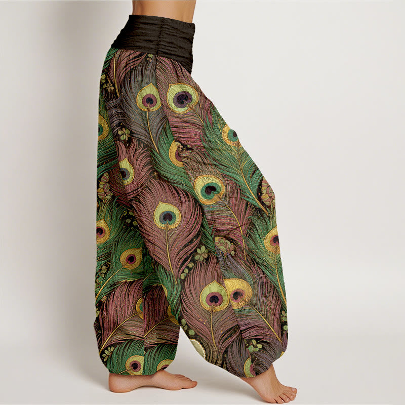 Nimara Ritual Peacock Feathers Pattern Pure Cotton Women's Elastic Waist Harem Pants