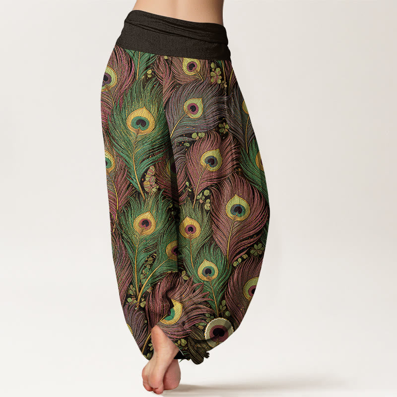 Nimara Ritual Peacock Feathers Pattern Pure Cotton Women's Elastic Waist Harem Pants