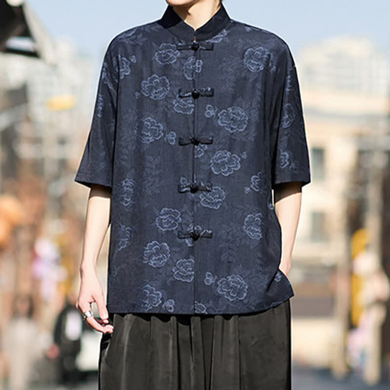 Nimara Ritual Retro Frog Buttons Mandarin Collar Floral Jacquard Men's Short Sleeve Shirt