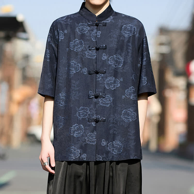 Nimara Ritual Retro Frog Buttons Mandarin Collar Floral Jacquard Men's Short Sleeve Shirt