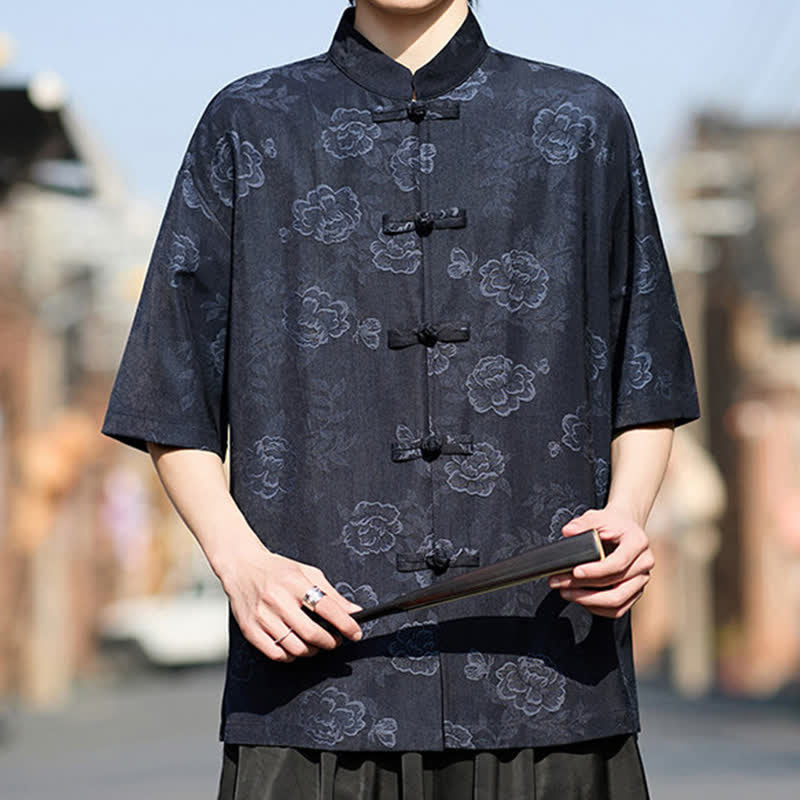 Nimara Ritual Retro Frog Buttons Mandarin Collar Floral Jacquard Men's Short Sleeve Shirt