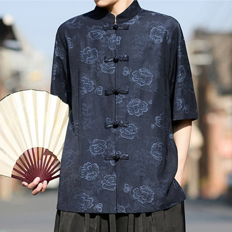 Nimara Ritual Retro Frog Buttons Mandarin Collar Floral Jacquard Men's Short Sleeve Shirt