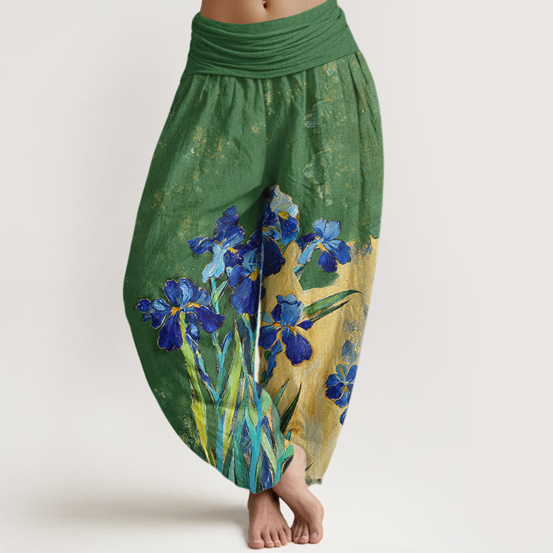 Nimara Ritual Irises Pattern Pure Cotton Women's Elastic Waist Harem Pants